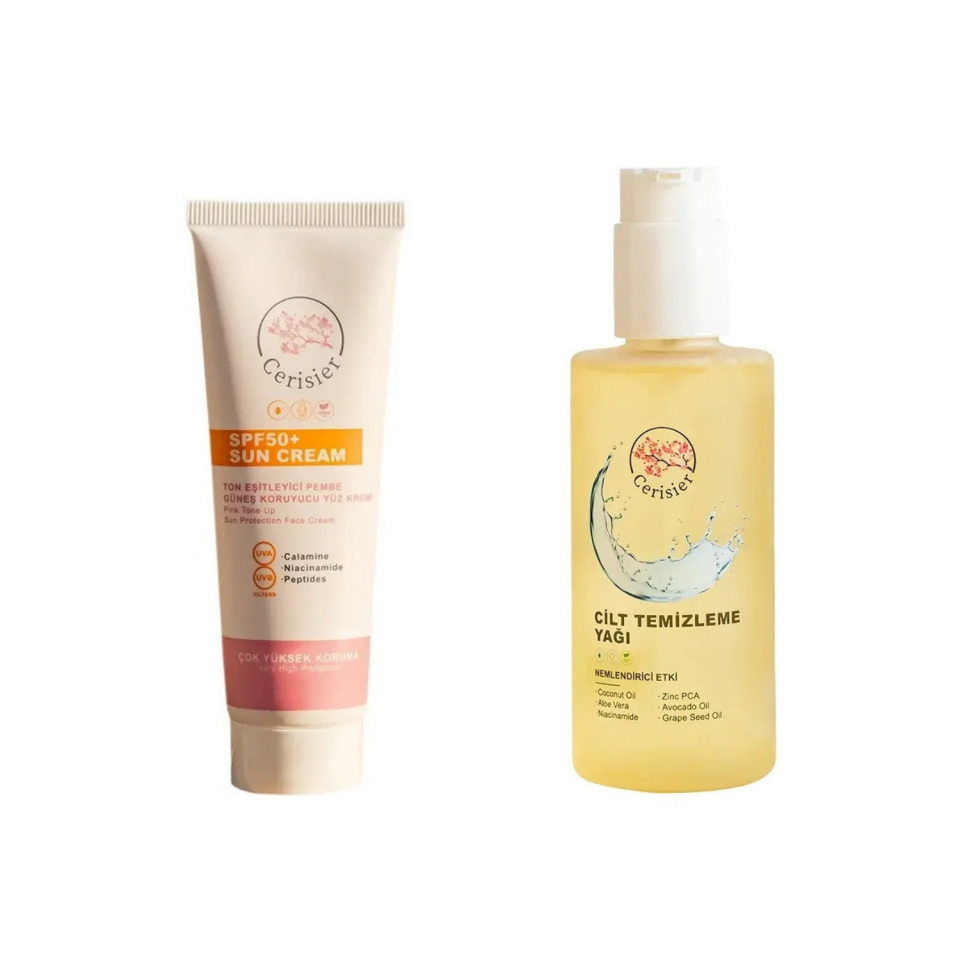 SPF 50+ Ton eşitleyici Pembe Güneş Koruyucu Yüz Kremi + Yüz Temizleme Yağı