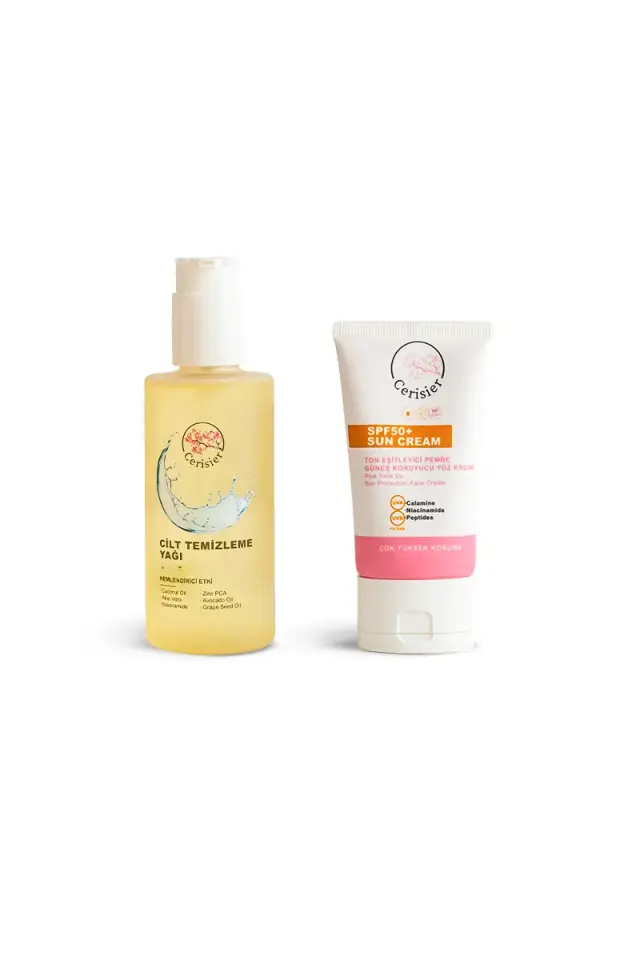 SPF 50+ Ton eşitleyici Pembe Güneş Koruyucu Yüz Kremi + Yüz Temizleme Yağı