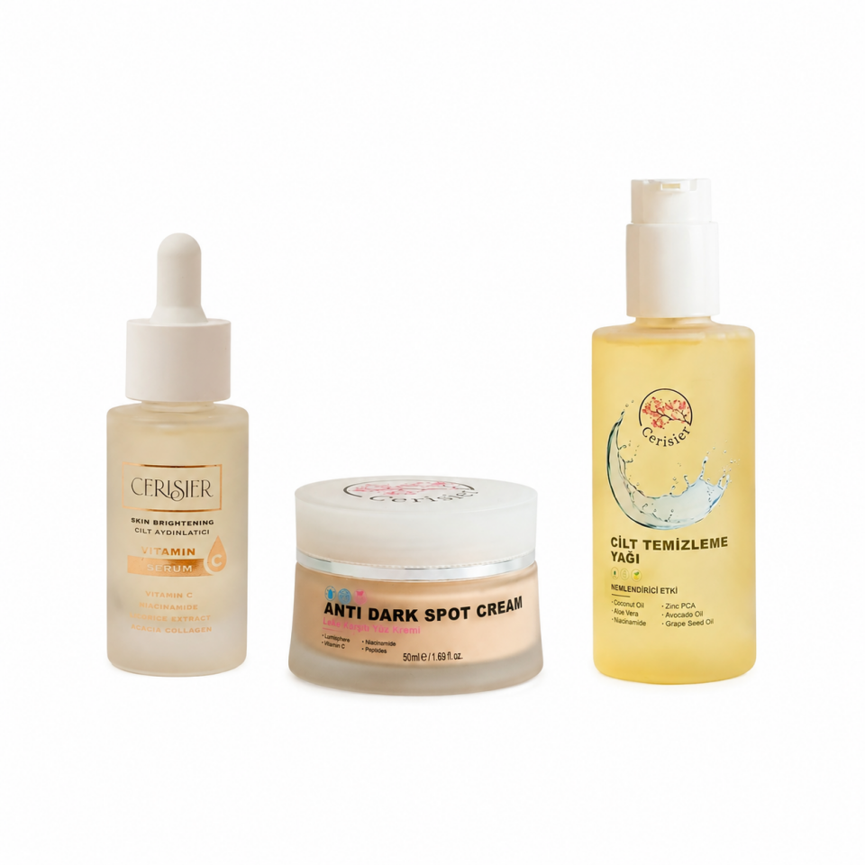 Vitamin C Serum Cilt Aydınlatıcı + Leke Karşıtı Yüz Kremi + Yüz Temizleme Yağı