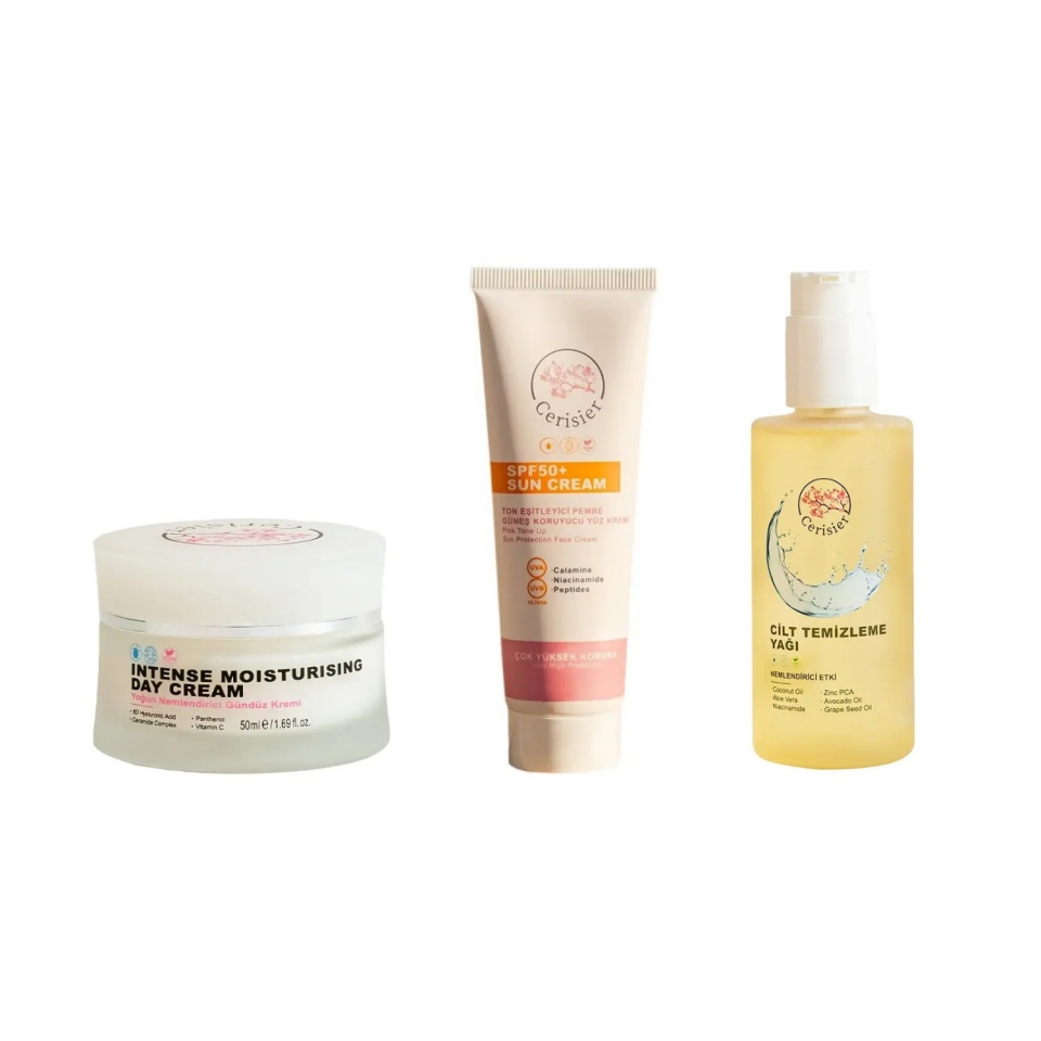 Yoğun Nemlendirici Gündüz Yüz Kremi + SPF 50+ Ton Eşitleyici Pembe Güneş Koruyucu + Yüz Temizleme Yağı